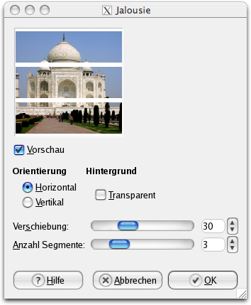 Eigenschaften für das Filter Jalousie